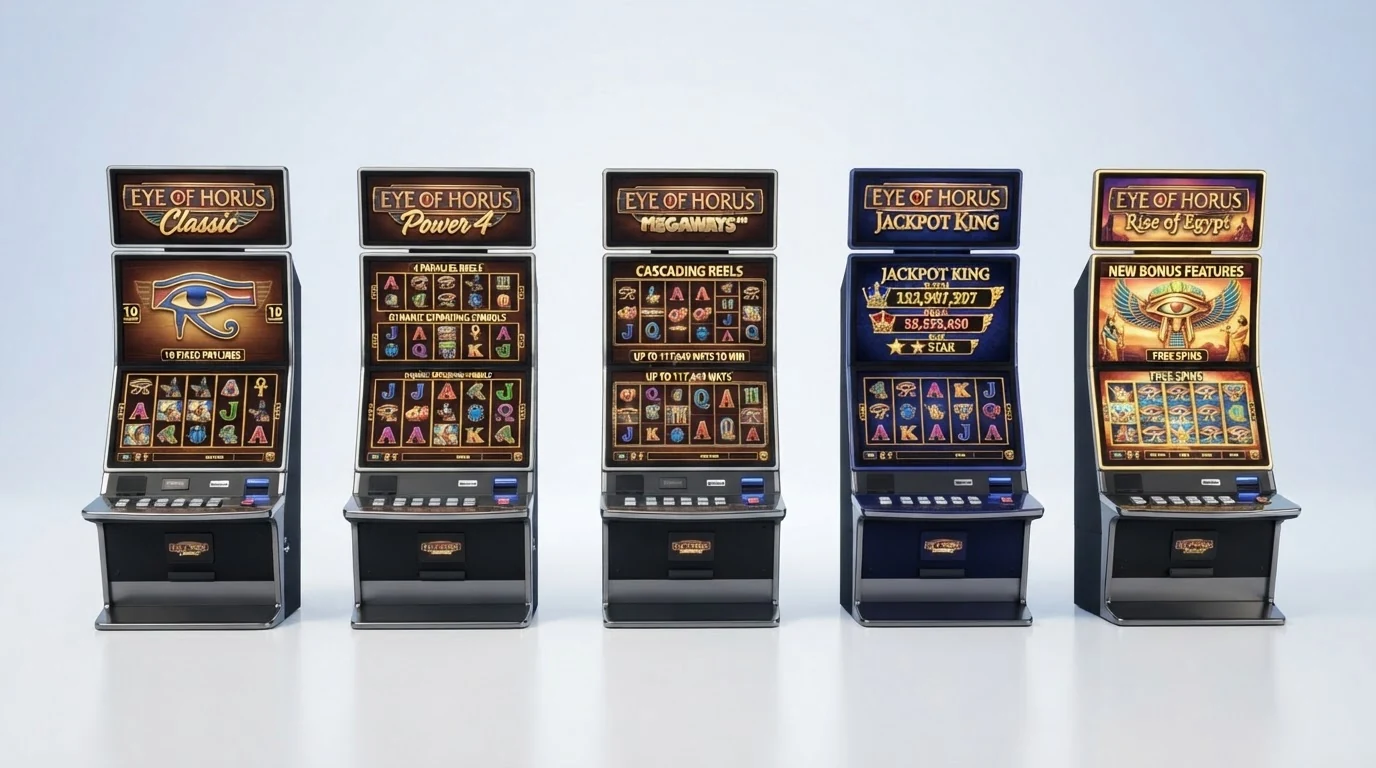 Fünf Spielkacheln der Eye-of-Horus-Reihe nebeneinander: Original, Power 4, Megaways, Jackpot King und Rise of Egypt