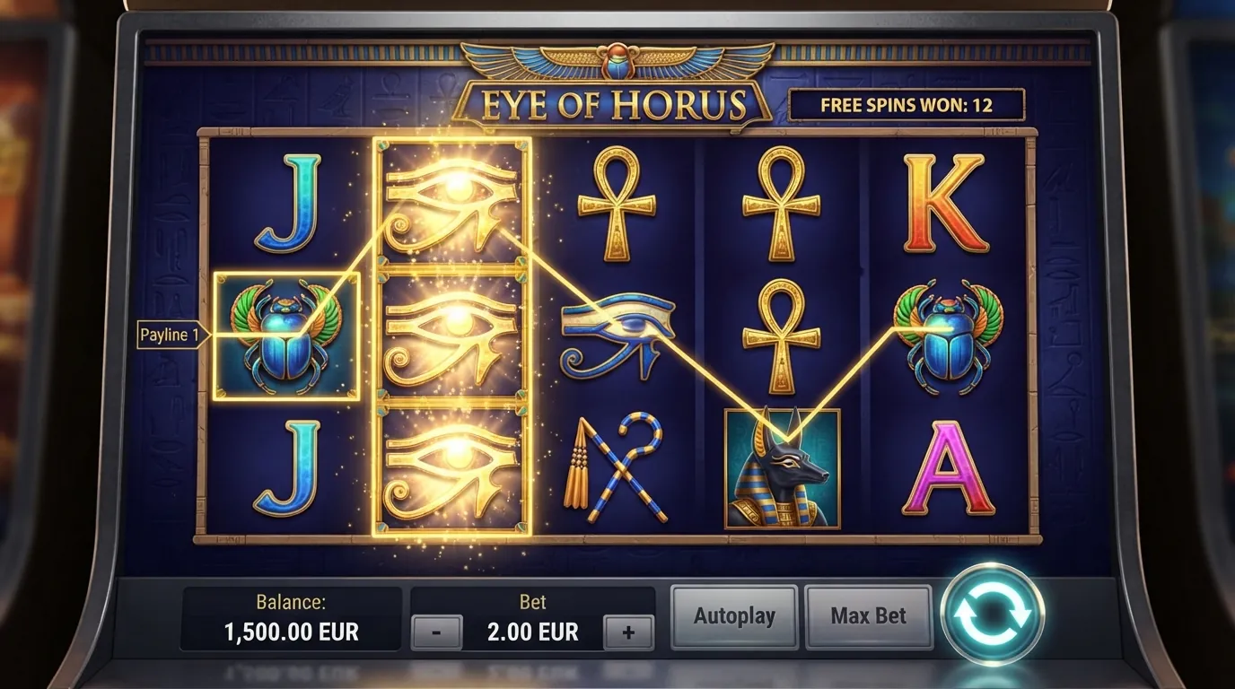 Die fünf Walzen des Merkur-Slots Eye of Horus mit ägyptischen Symbolen, Freispiel-Feature und Expanding-Wilds-Animation
