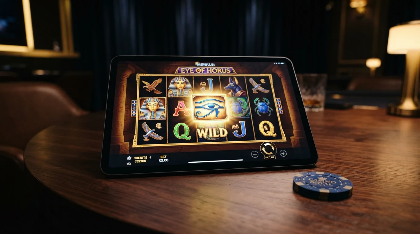 Der Merkur-Slot Eye of Horus mit altägyptischen Symbolen, fünf Walzen und dem Freispiel-Feature