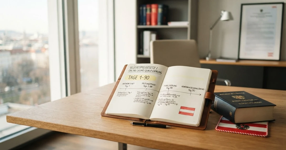 Ein Kalender mit einem markierten Zeitraum von 90 Tagen vor dem Hintergrund des österreichischen Parlamentsgebäudes und dem Logo des Bundesministeriums für Finanzen