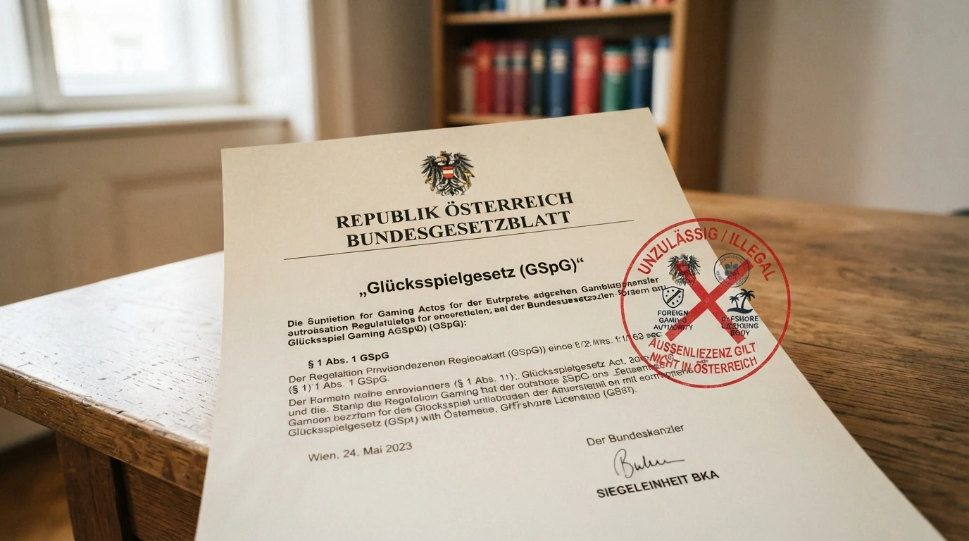 Ein amtlich wirkendes Dokument mit dem österreichischen Bundesadler und dem Schriftzug „Glücksspielgesetz (GSpG)“, daneben ein rot durchgestrichenes Schild mit „MGA“, „Curaçao“ – nur die Konzession des BMF zählt