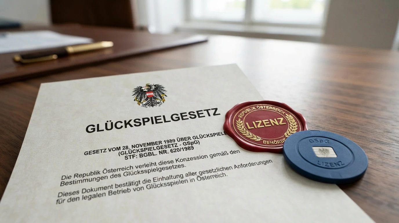 Ein Dokument mit dem österreichischen Bundesadler und dem Schriftzug „Glücksspielgesetz“, daneben ein Sperrschild mit der Aufschrift „Keine AT-Lizenz“