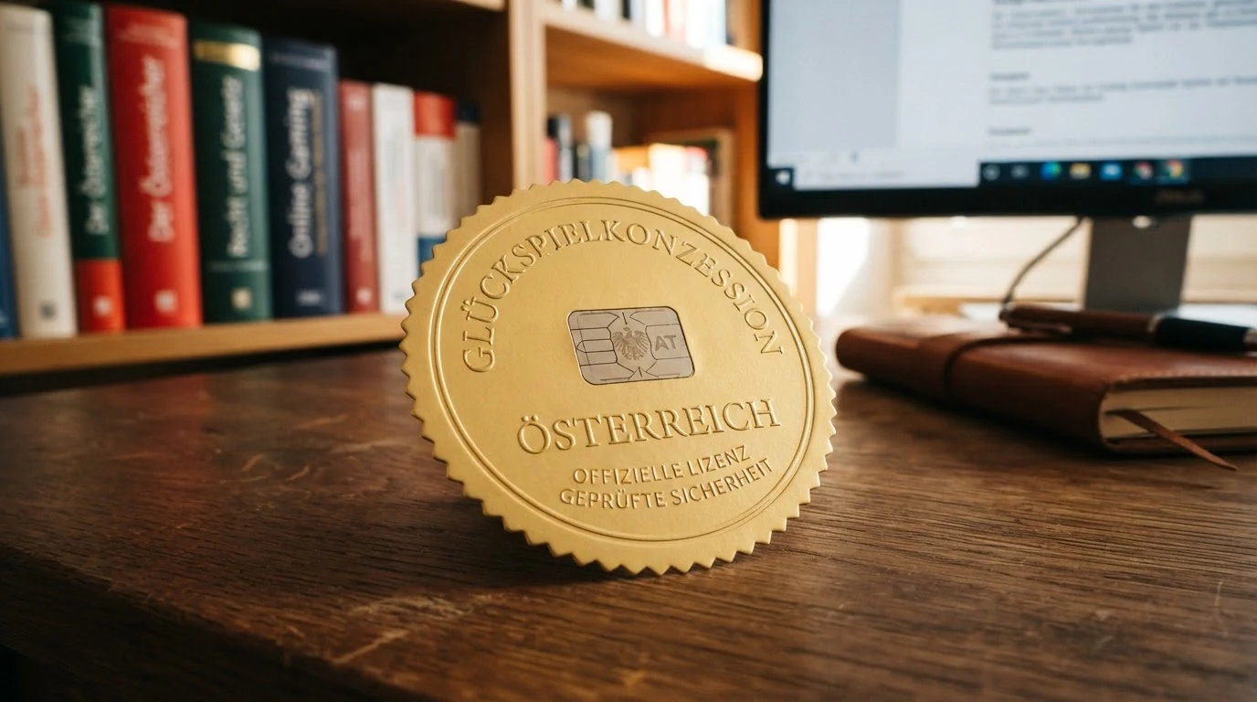 Offiziell wirkendes Lizenzsiegel oder Dokument mit dem Schriftzug „Glücksspielkonzession“ und der österreichischen Flagge
