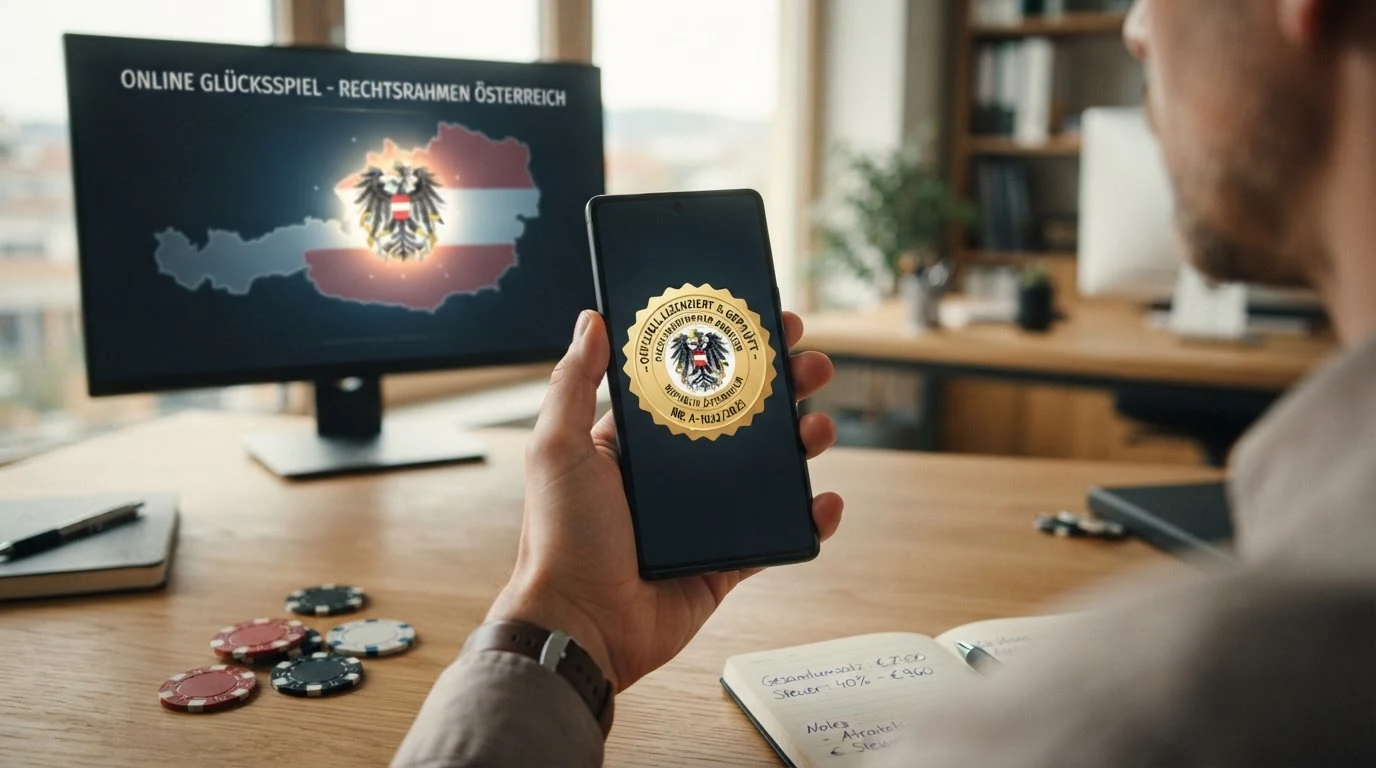 Ein Paragrafenzeichen vor dem österreichischen Bundesadler, daneben die Logos von MGA, Curaçao und Kahnawake als visueller Kontrast zwischen nationalem Recht und internationalen Lizenzen