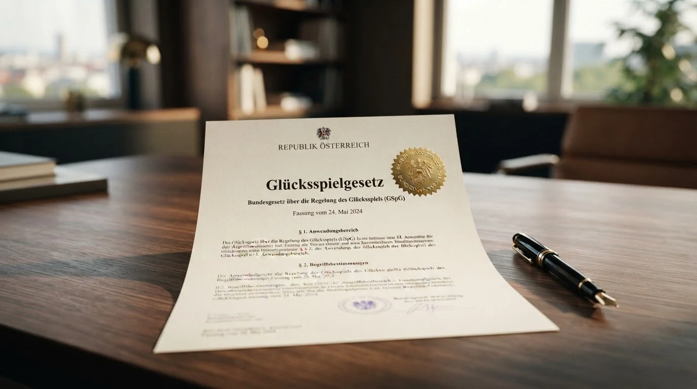 Ein offiziell wirkendes Dokument mit dem Bundesadler und dem Schriftzug „Glücksspielgesetz“, daneben die EU-Flagge und das Logo des BMF
