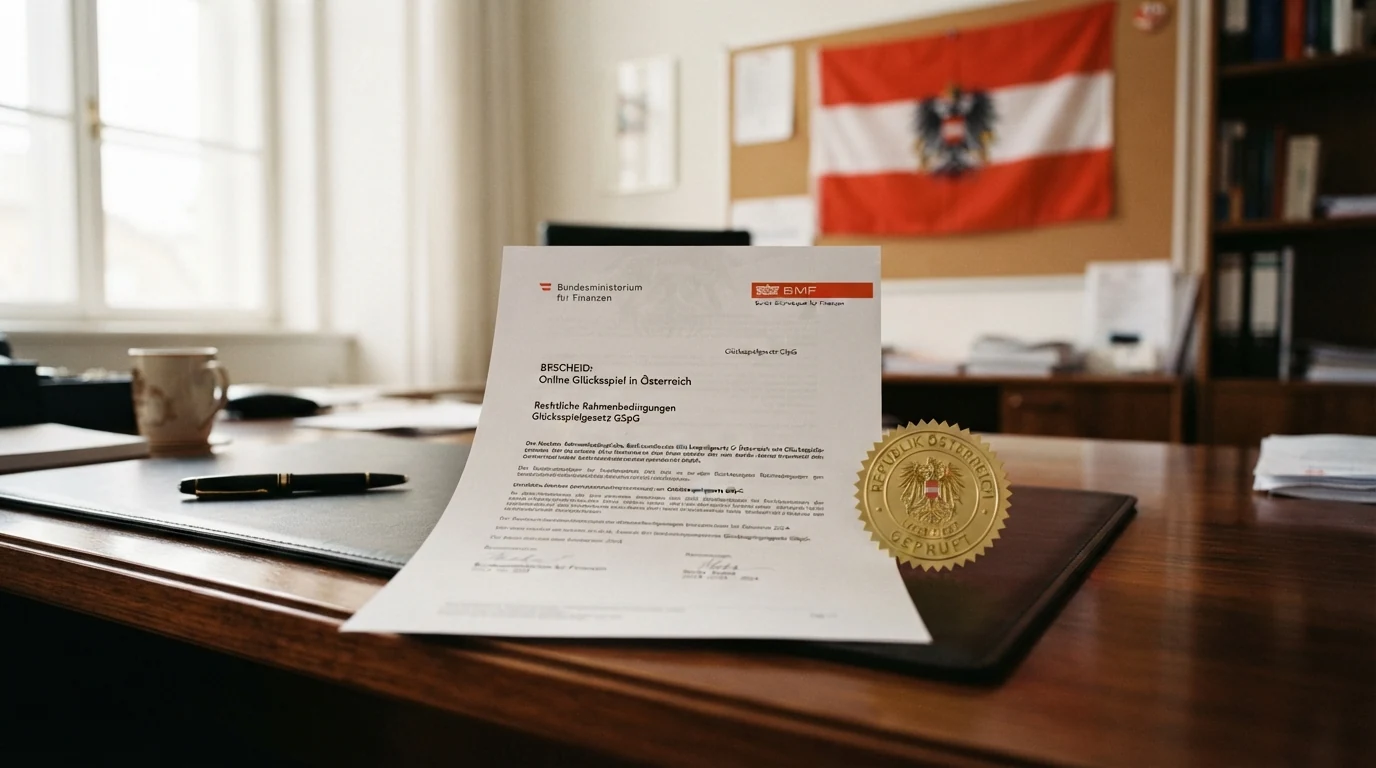 Ein offizielles Dokument mit sichtbarem Bundesadler und BMF-Schriftzug liegt auf einem Schreibtisch neben einem aufgeschlagenen Paragrafen-Text und einer Österreich-Flagge.