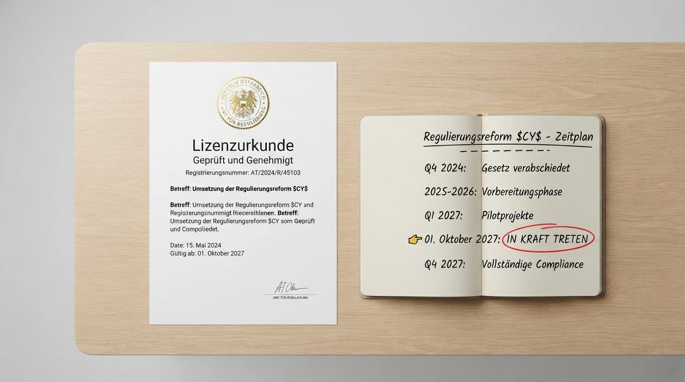 Ein offiziell wirkendes Dokument mit Stempel und ein Kalenderblatt, das auf Oktober 2027 zeigt