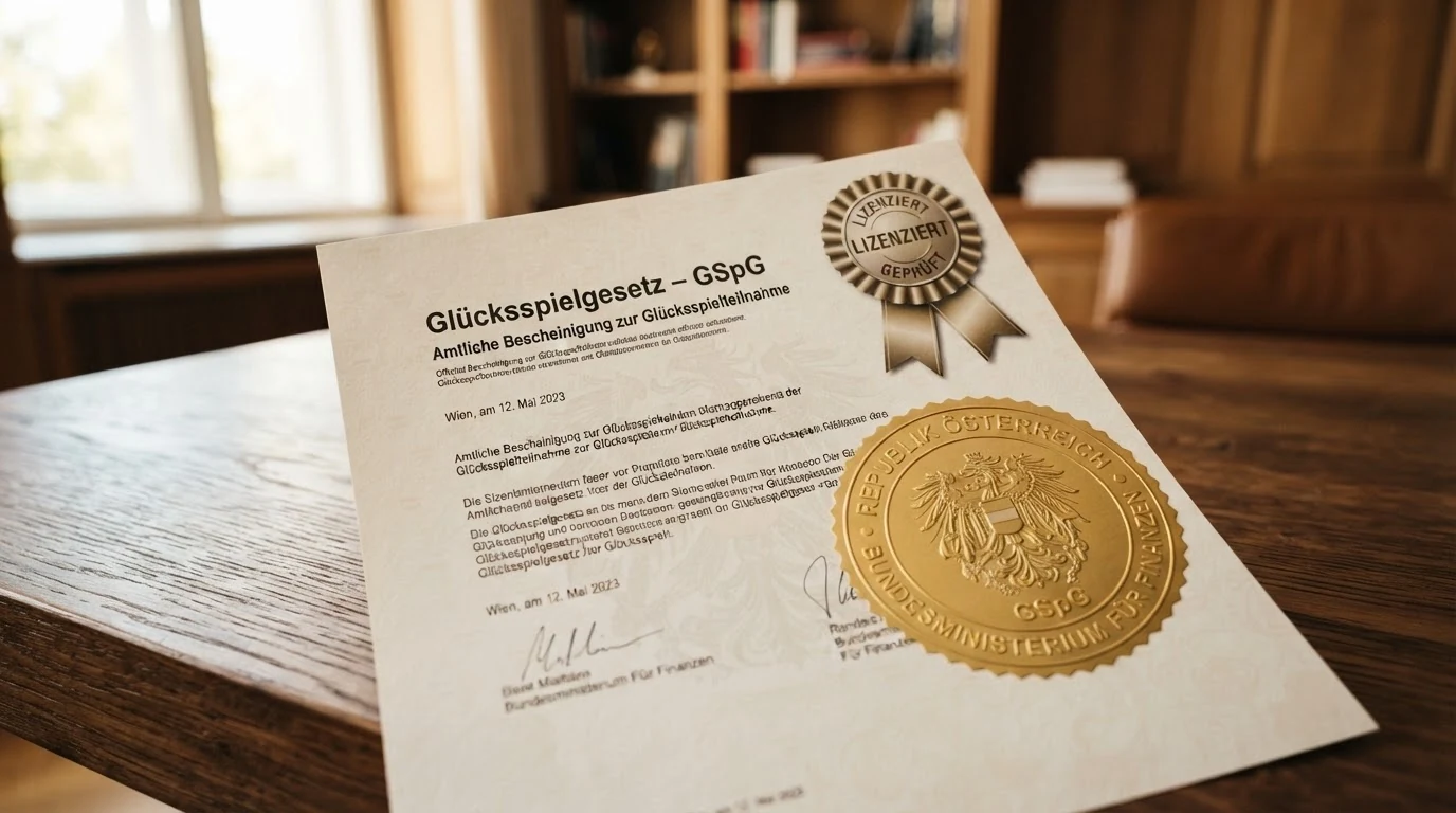 Offizielles österreichisches Wappen auf einem Dokument mit der Aufschrift „Glücksspielgesetz – GSpG“ neben dem Logo der win2day-Plattform