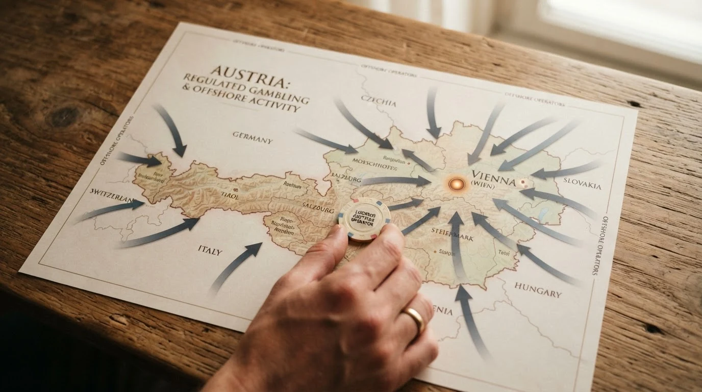 Eine stilisierte Österreich-Karte mit einem einzigen markierten Punkt für die AT-Konzession, während zahlreiche Offshore-Pfeile von außen auf das Land zeigen.