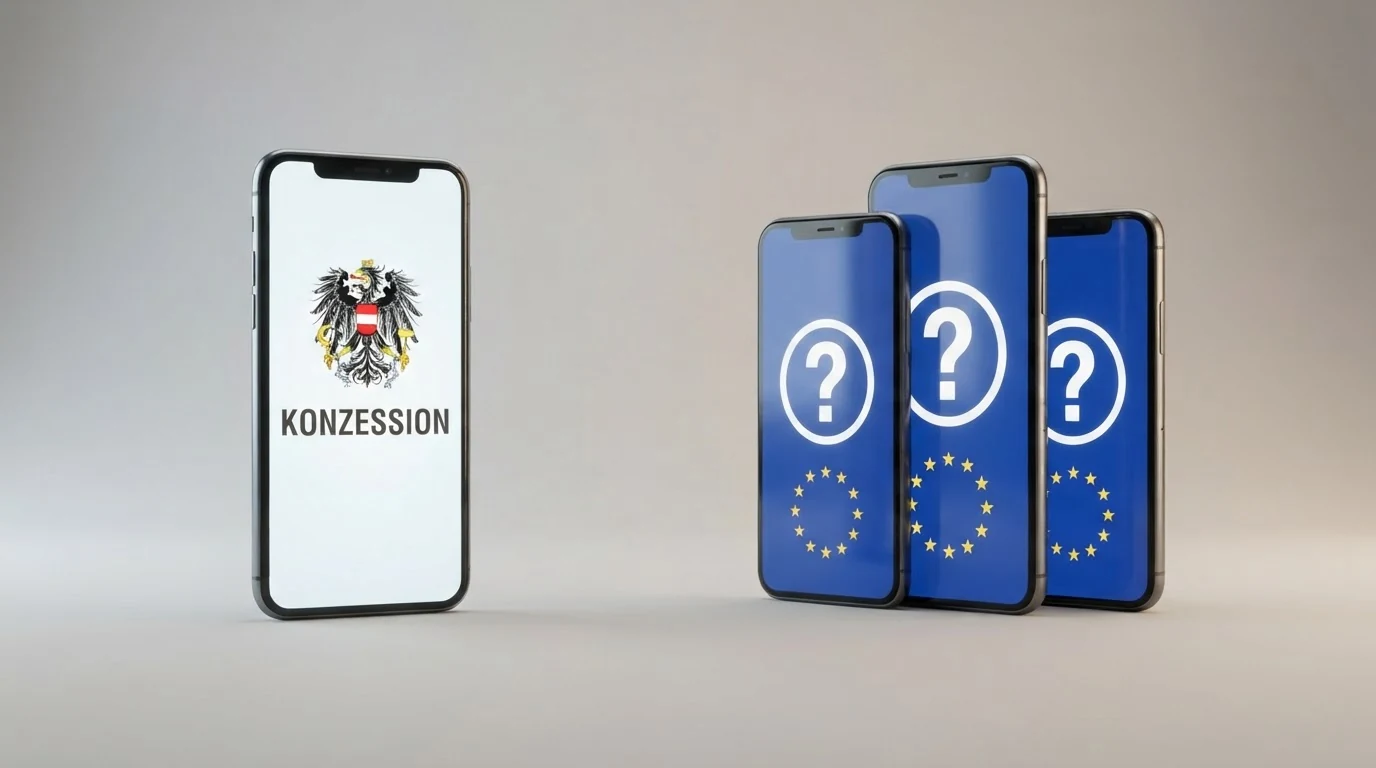 Eine stilisierte Darstellung: links ein Smartphone mit österreichischem Bundesadler und dem Schriftzug „Konzession“, rechts mehrere Smartphones mit EU-Sternen und Fragezeichen