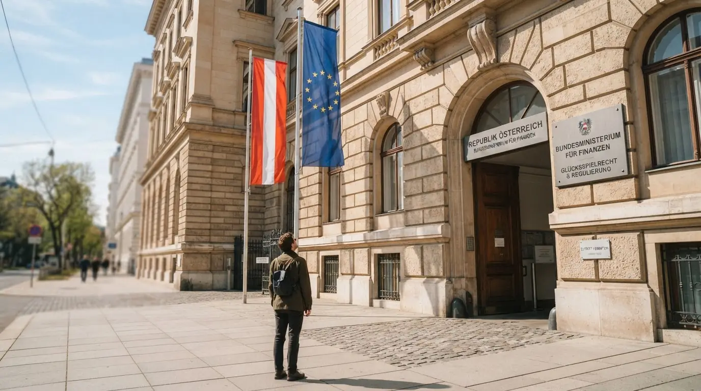 Offizielles Amtsgebäude in Österreich mit EU- und Nationalflagge, Symbol für staatliche Regulierung