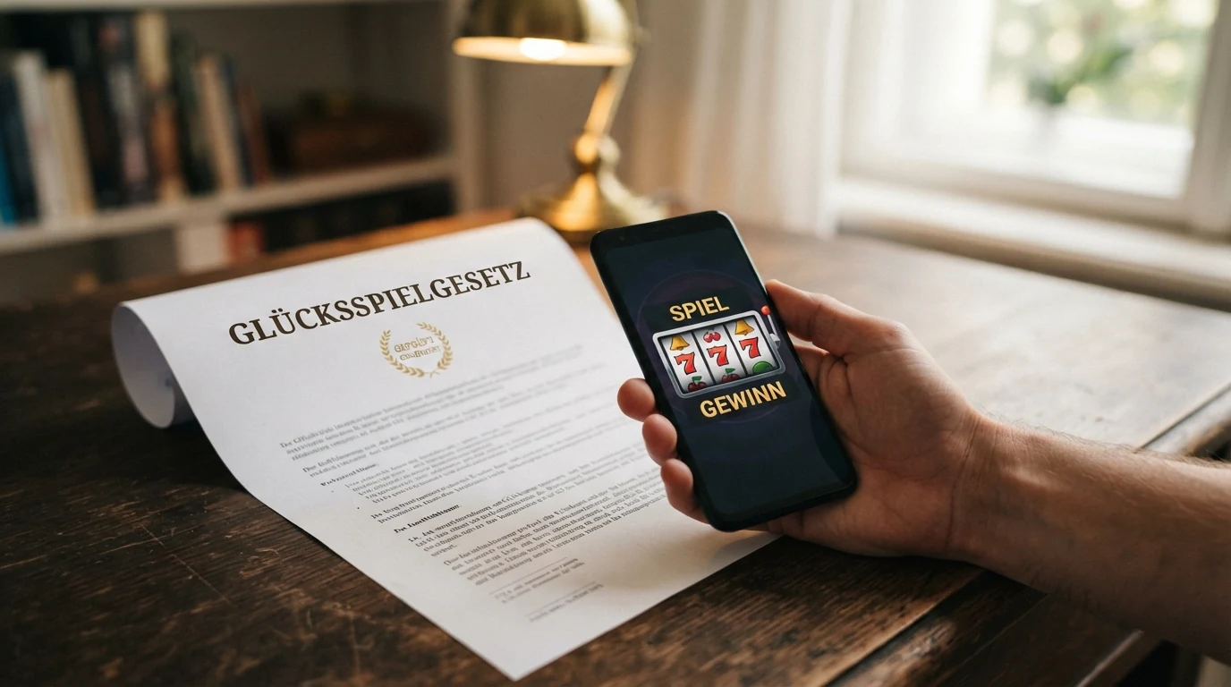 Ein offiziell wirkendes Dokument mit dem österreichischen Bundesadler und dem Titel „Glücksspielgesetz“, daneben das EU-Sternenbanner