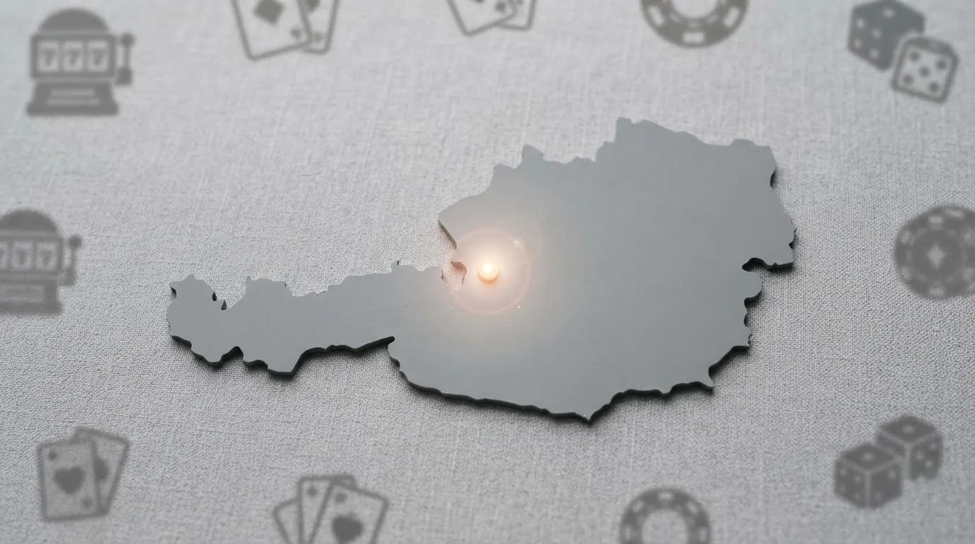 Eine stilisierte Österreich-Karte mit einem einzigen leuchtenden Punkt (win2day) und mehreren ausgegrauten Casino-Logos entlang der Grenze