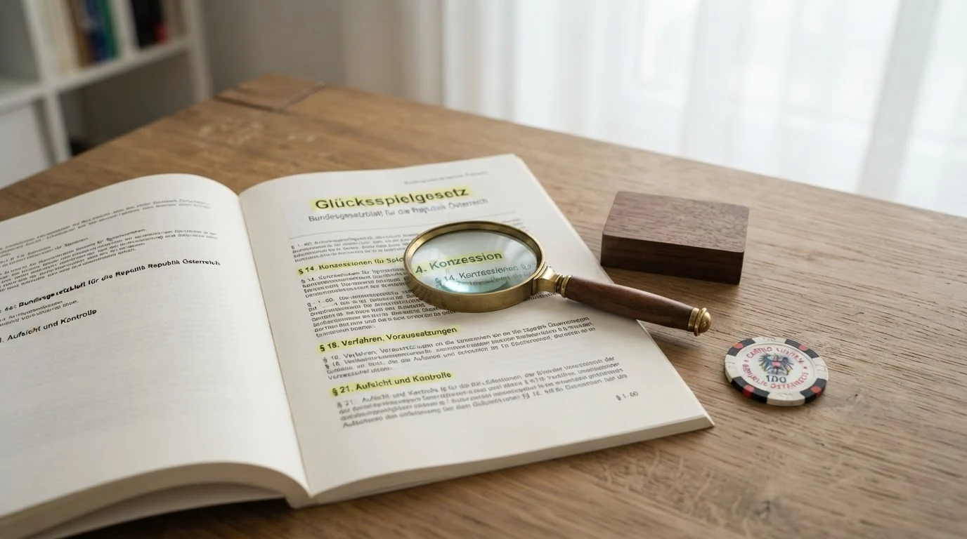 Ein geöffnetes Dokument mit der Aufschrift „Glücksspielgesetz“ liegt auf einem Schreibtisch, daneben eine Lupe über dem Wort „Konzession“