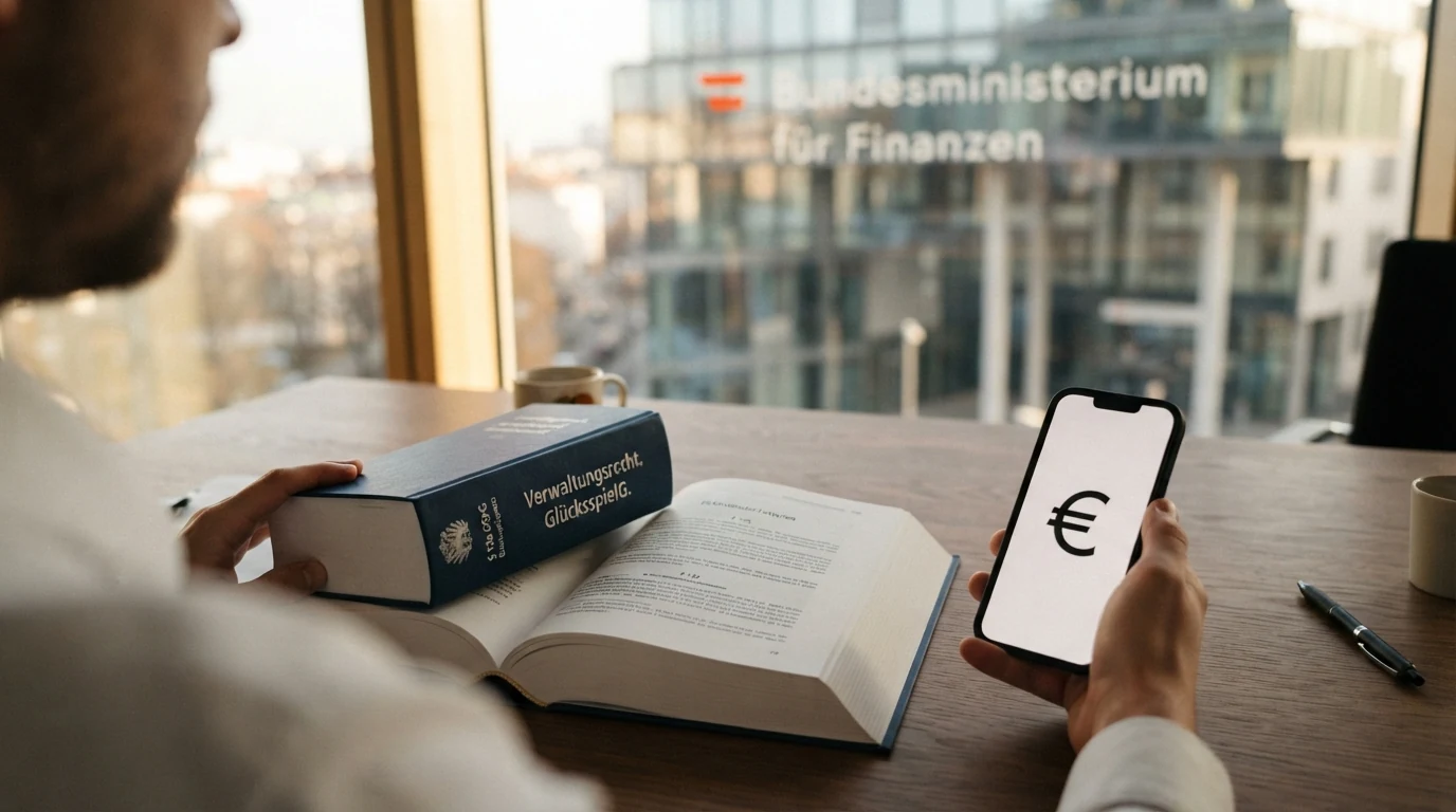 Ein aufgeschlagenes Gesetzbuch mit dem sichtbaren Paragrafen § 12a GSpG und dem Bundesadler der Republik Österreich auf dem Einband, daneben das BMF-Gebäude in Wien