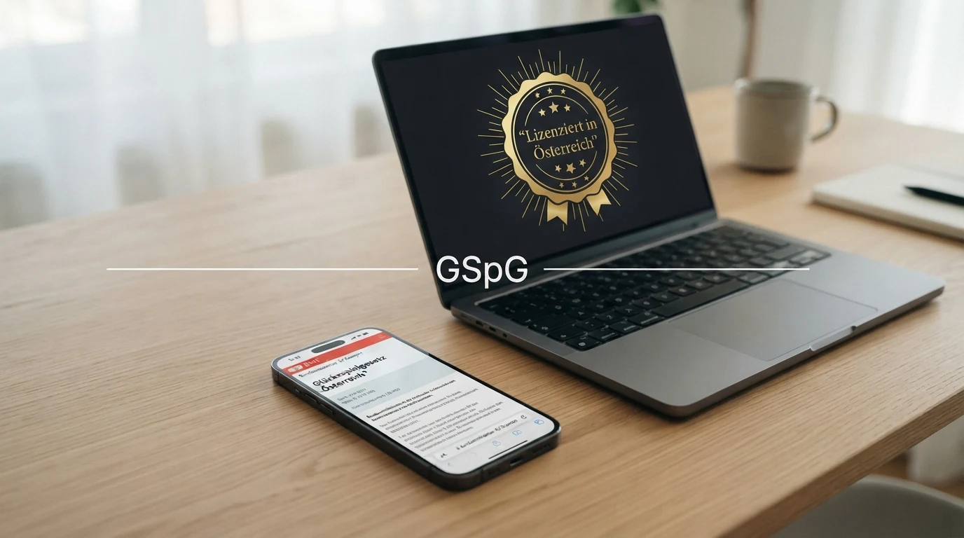 Ein Smartphone mit der BMF-Website im Vordergrund und dem win2day-Logo auf einem Bildschirm dahinter, getrennt durch eine Linie mit der Beschriftung „GSpG“