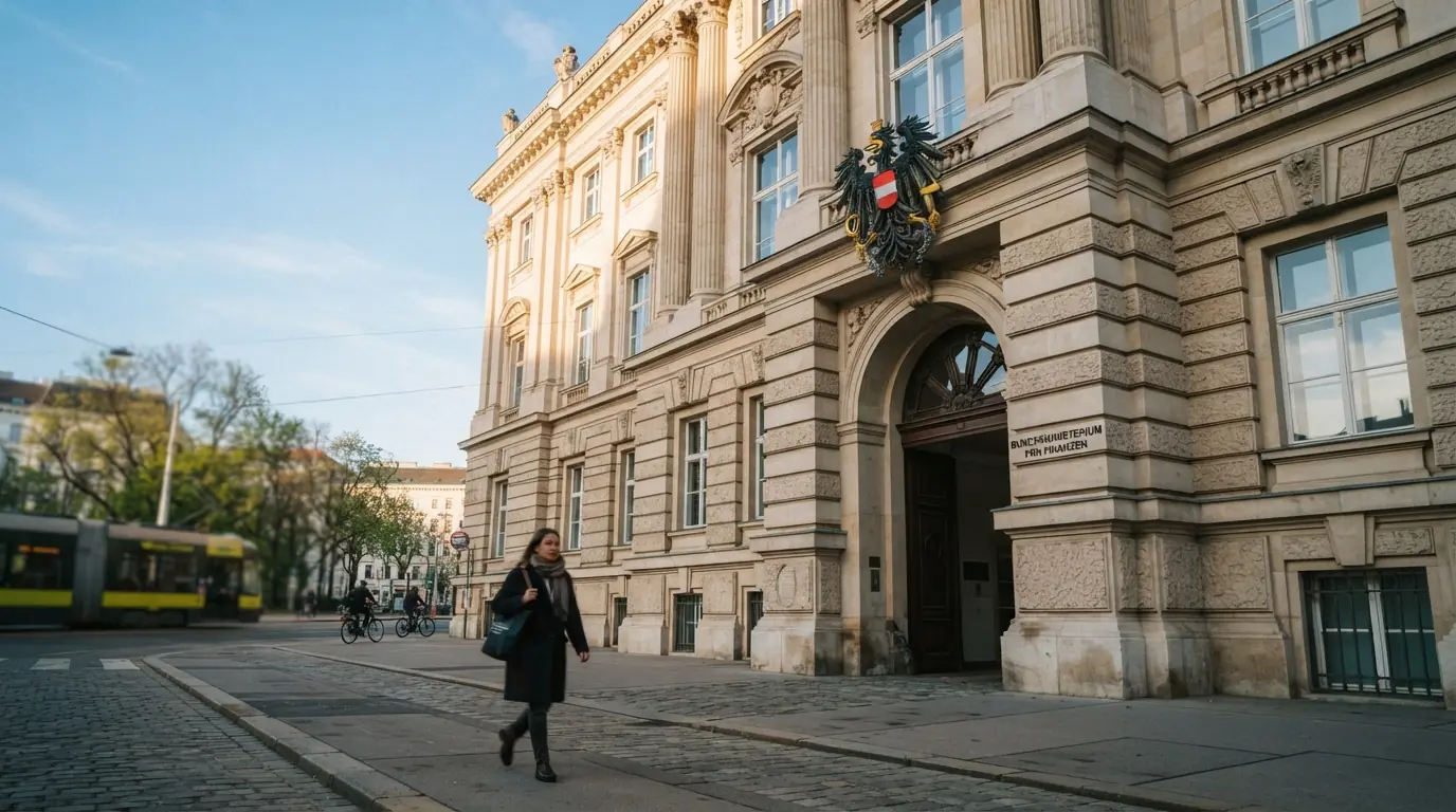 Das offizielle Gebäude des Bundesministeriums für Finanzen in Wien, davor das österreichische Staatswappen