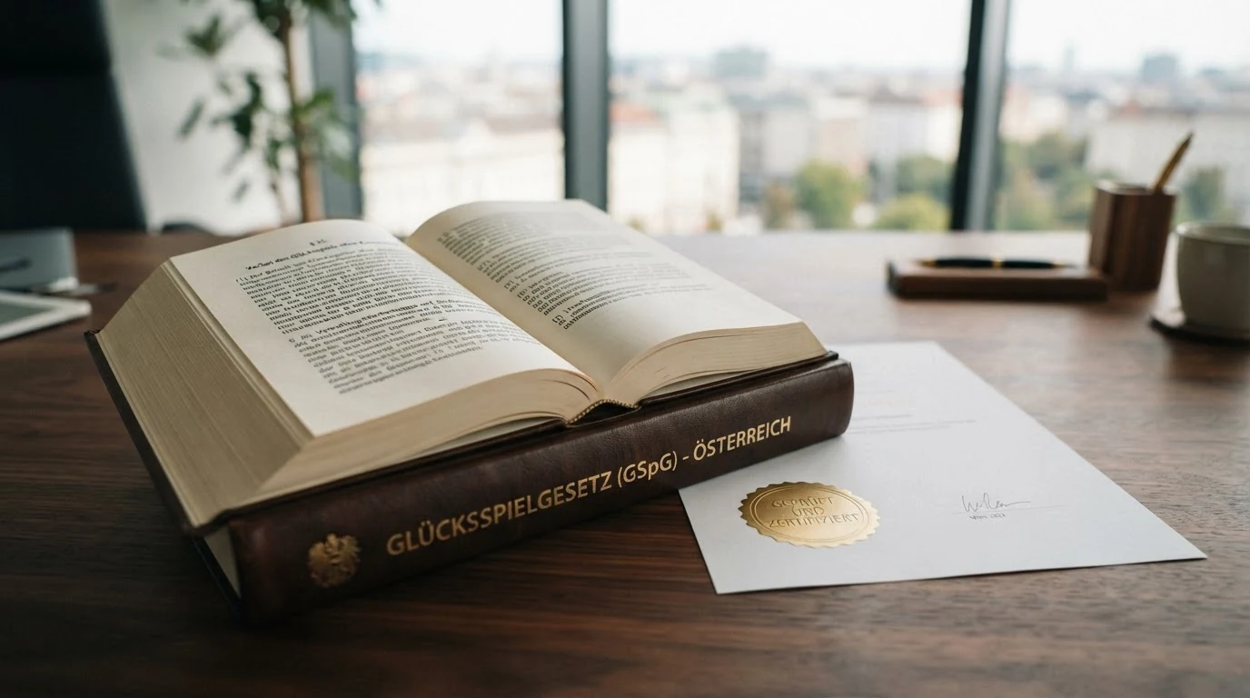 Ein aufgeschlagenes österreichisches Gesetzbuch mit sichtbarem Paragrafen-Zeichen und dem Wortlaut des Glücksspielgesetzes neben dem österreichischen Bundeswappen
