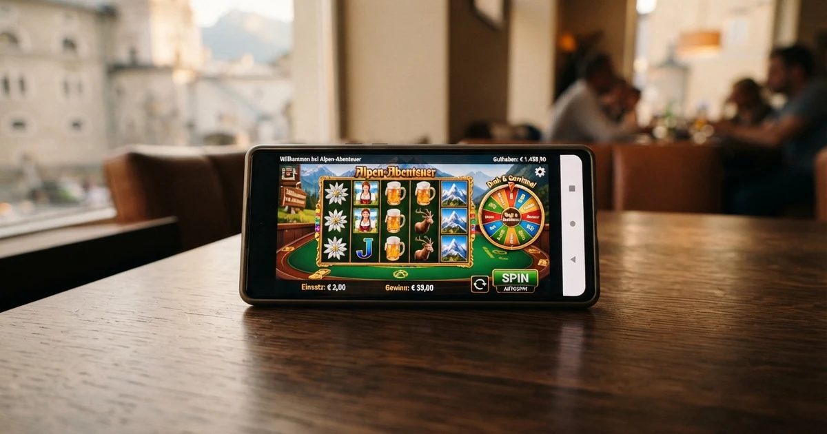 Ein Smartphone im Querformat mit geöffneter Casino-Webseite im Browser, auf dem Bildschirm sind Spielautomaten zu sehen