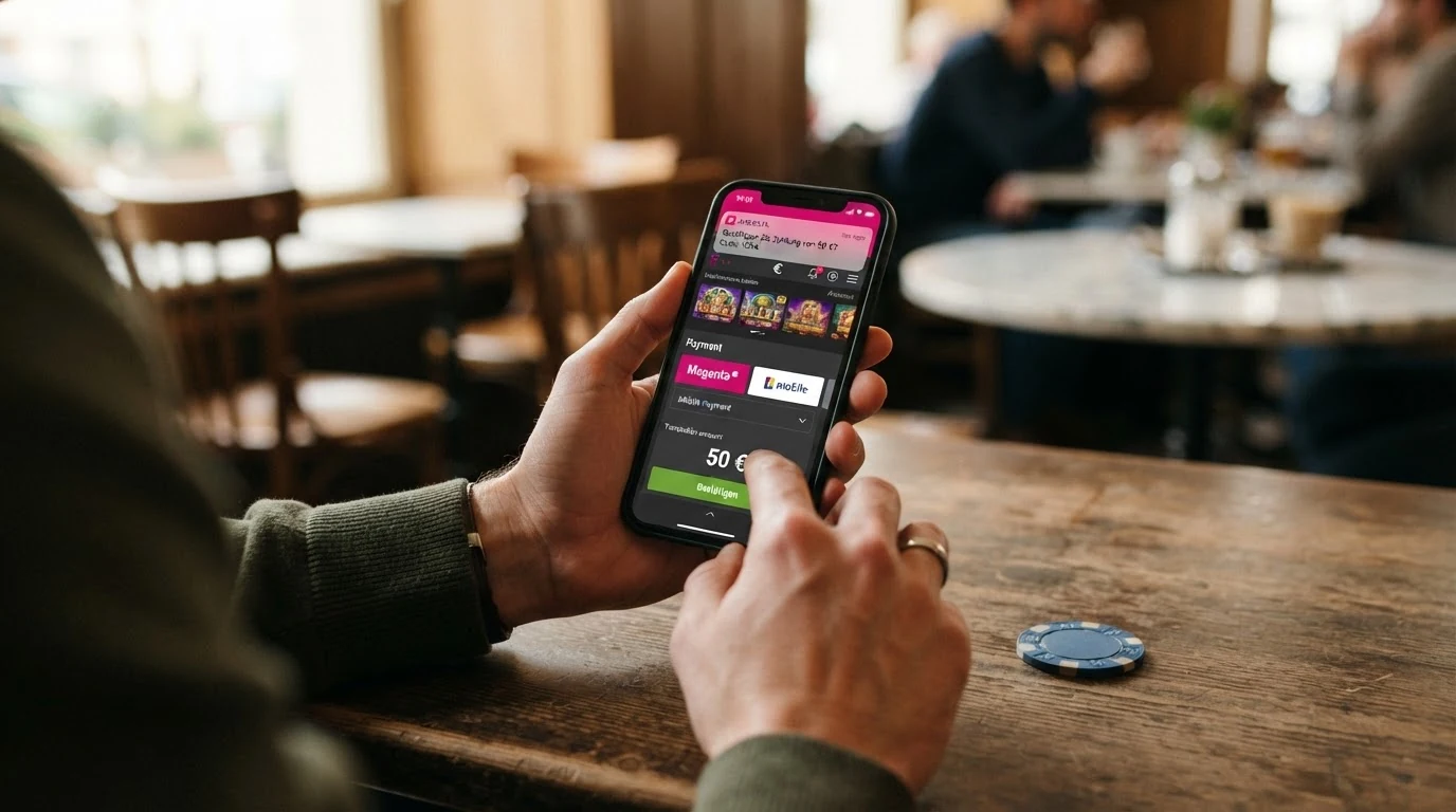 Schematische Darstellung des Einzahlungsvorgangs in drei Schritten: Casino-Kasse mit Magenta-Auswahl, SMS-Bestätigung auf dem Handy, grüner Haken für abgeschlossene Transaktion