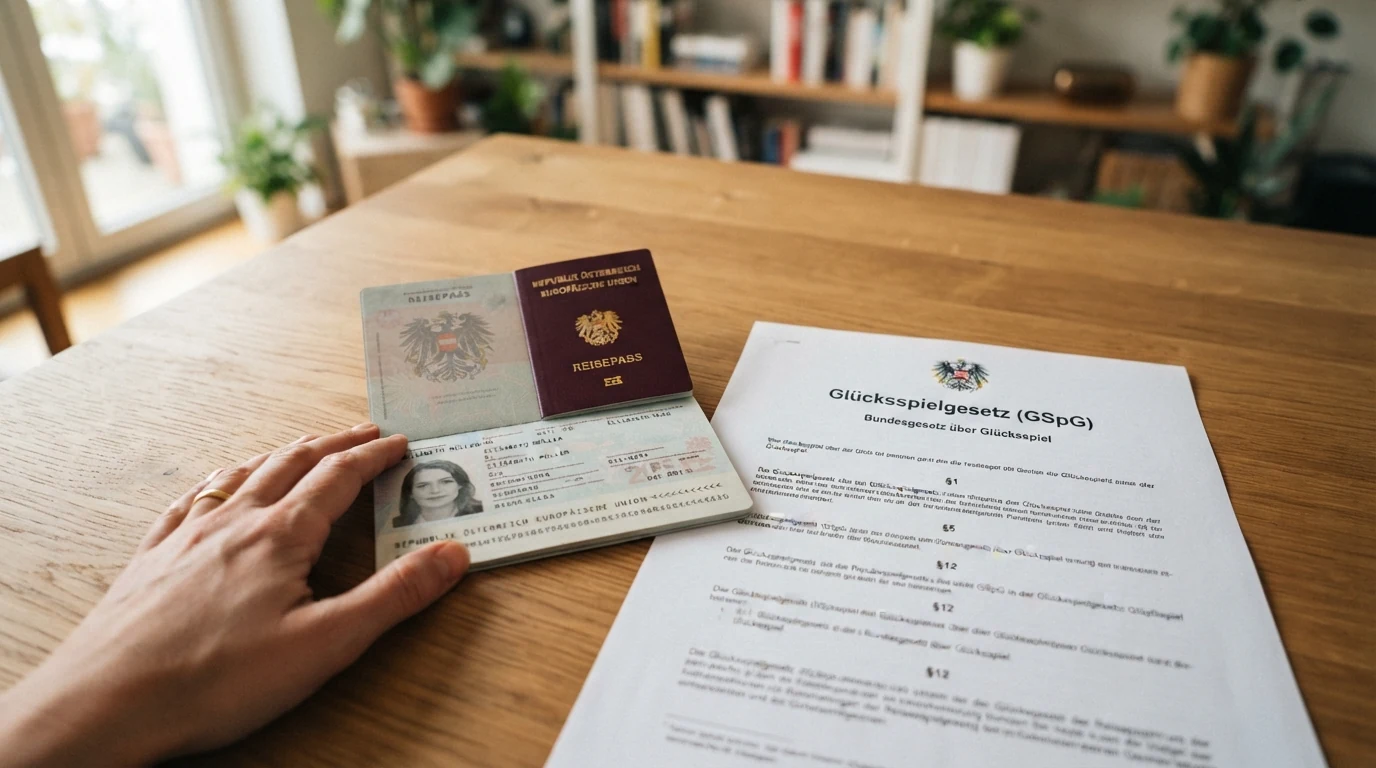 Ein österreichischer Reisepass liegt neben einem Dokument mit dem Adler-Wappen und dem Titel „Glücksspielgesetz (GSpG)“ auf einem Schreibtisch