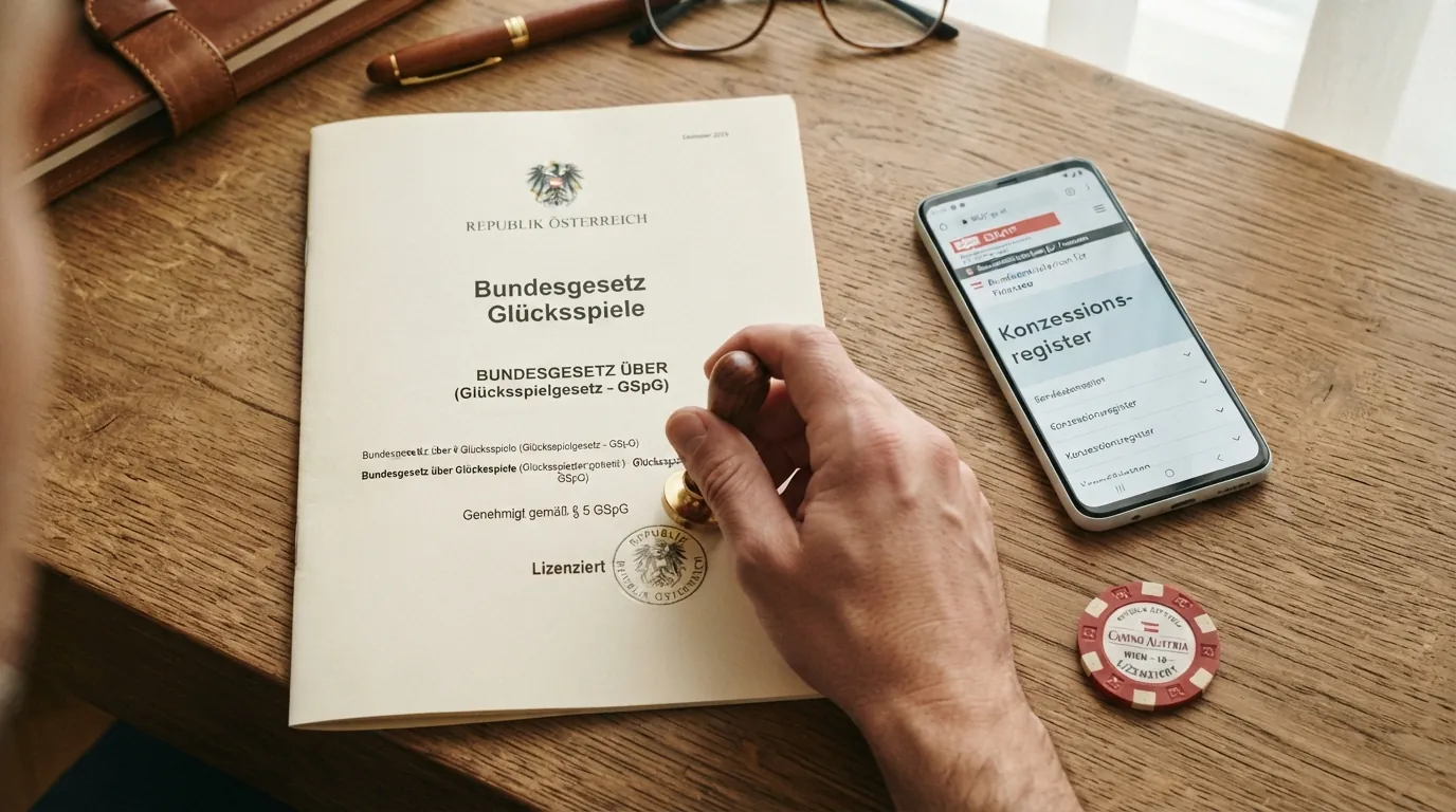 Screenshot der BMF-Website oder der win2day-Konzessionsangabe mit dem österreichischen Glücksspielgesetz im Hintergrund.