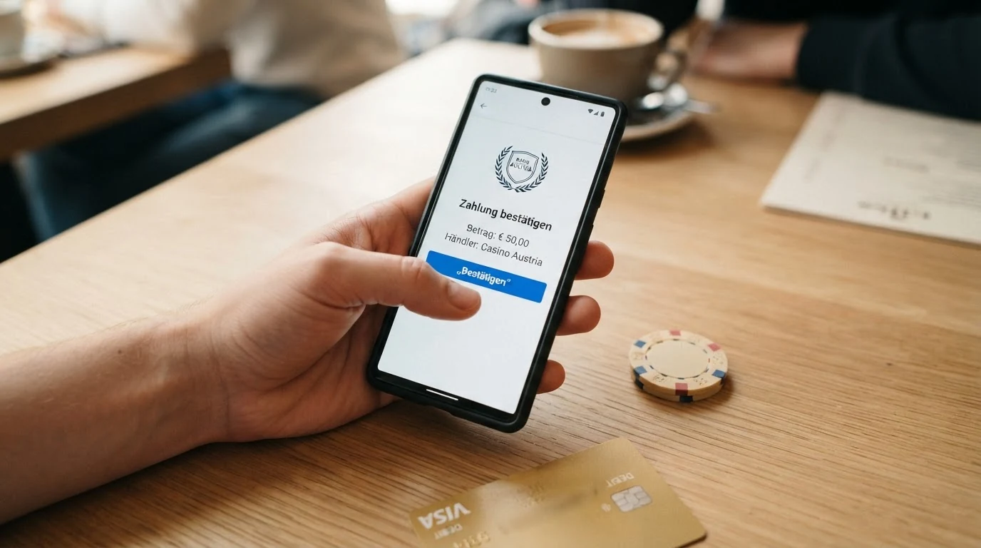 Schema des Zahlungsflusses: Kreditkarte, Smartphone mit 3D-Secure-Bestätigung und Spielkonto-Guthaben
