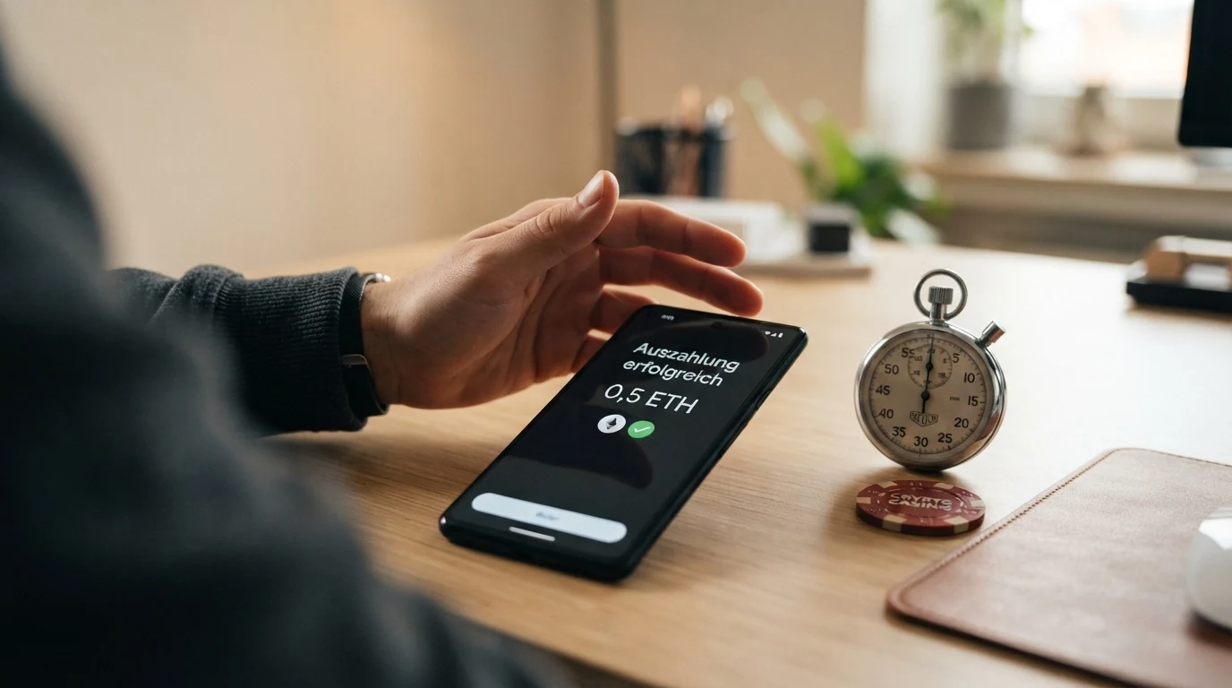 Stoppuhr neben Bitcoin-, Ethereum- und Litecoin-Logos mit den getesteten Minutenwerten pro Betreiber