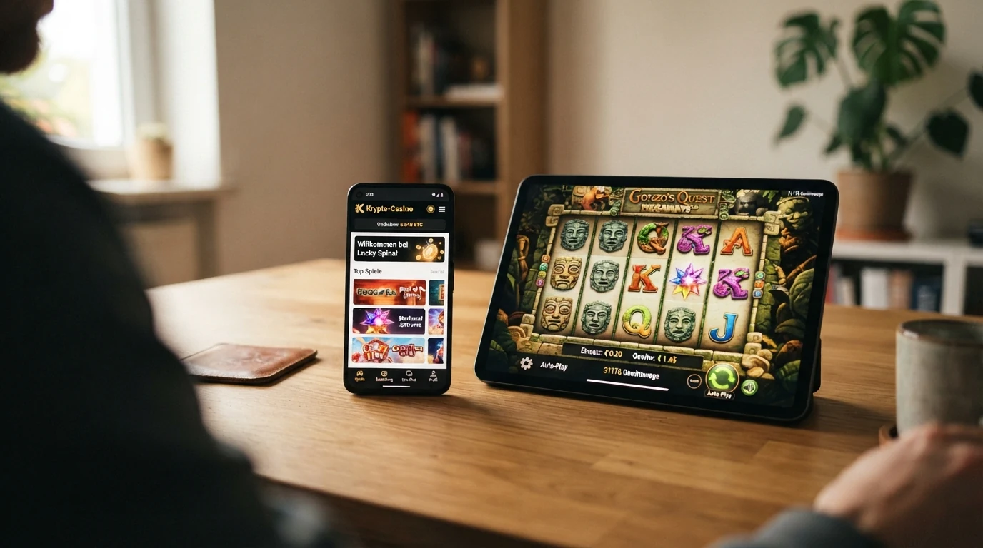 Ein Smartphone zeigt ein Krypto-Casino im mobilen Browser, daneben ein Tablet mit geöffneter Slot-Seite