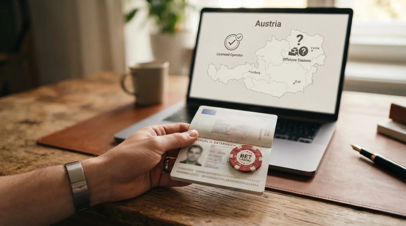 Karte von Österreich mit Symbolen: ein Haken bei win2day und ein Fragezeichen bei Offshore-Casino-Logos