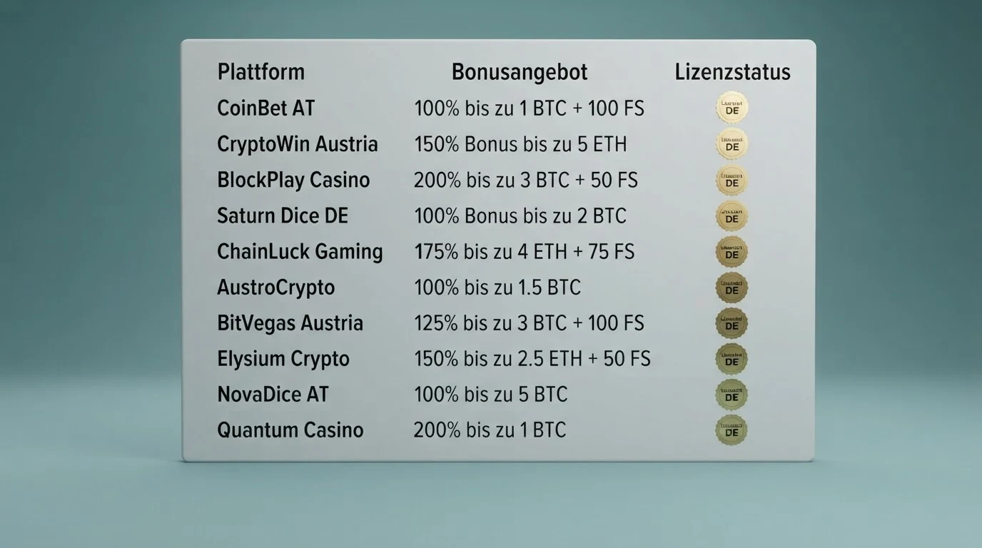 Eine übersichtliche Vergleichstabelle der zehn getesteten Bitcoin Casinos, geordnet nach Bonuswert und Spielauswahl, mit hervorgehobenen Lizenzsymbolen.
