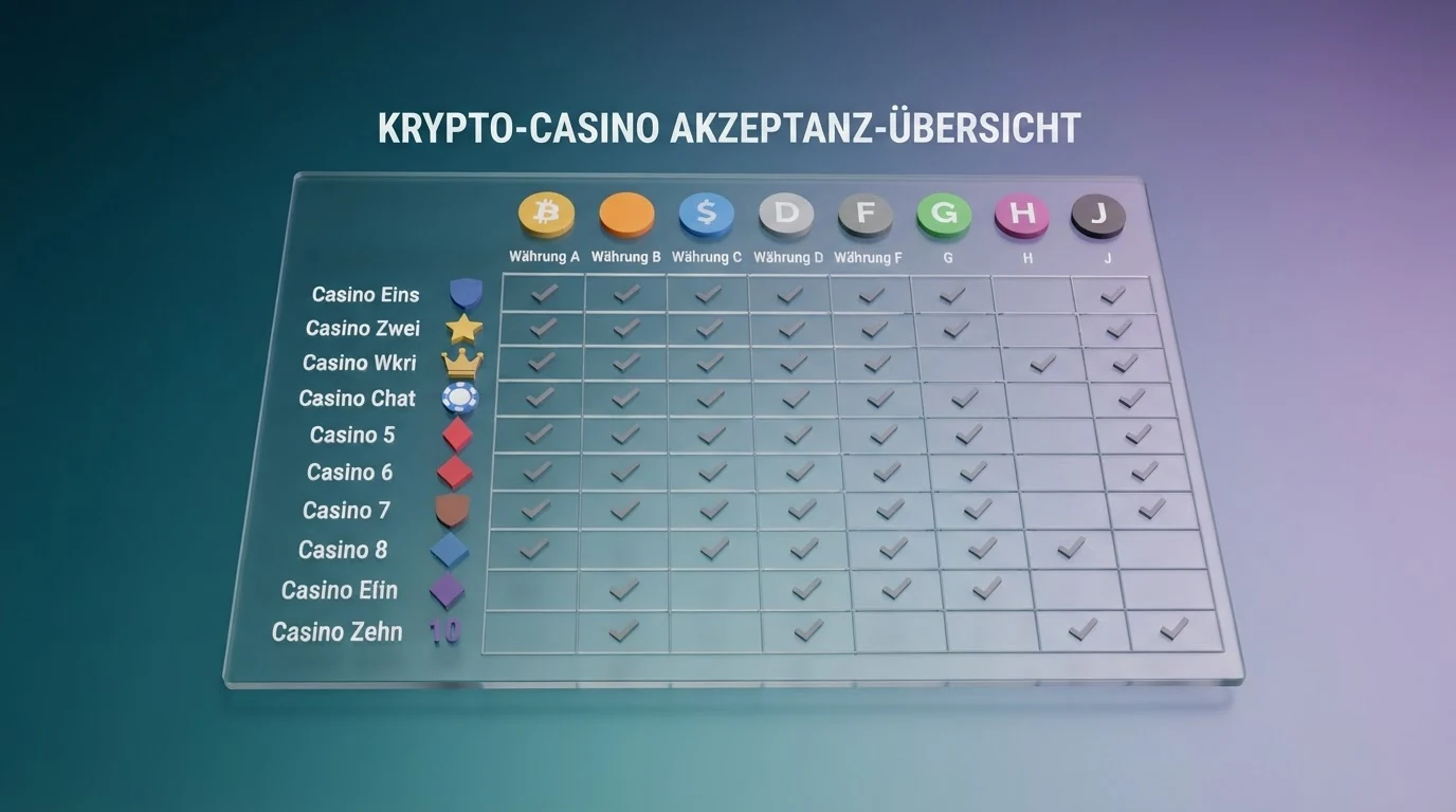 Eine Matrix mit Kryptowährungs-Logos (BTC, ETH, USDT, LTC, DOGE) und Häkchen pro Betreiber