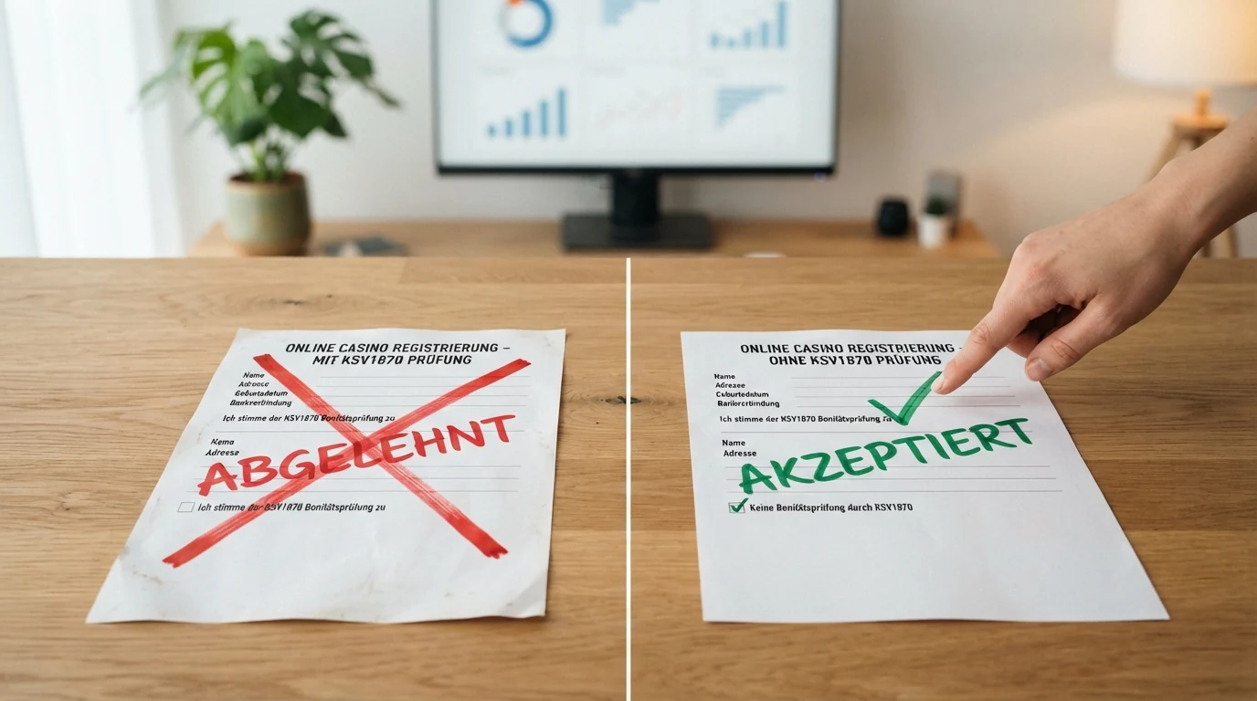 Eine schematische Darstellung: linker Bildteil „Casino mit KSV1870-Abfrage“ mit einem durchgestrichenen Registrierungsformular, rechter Bildteil „Casino ohne KSV1870-Abfrage“ mit einem akzeptierten Formular