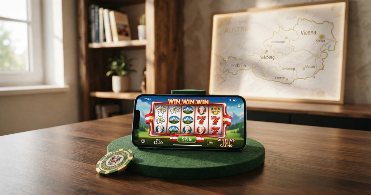 Ein Smartphone mit geöffneter Casino-App-Seite, im Hintergrund eine abstrahierte Österreich-Karte mit einem markierten Standort