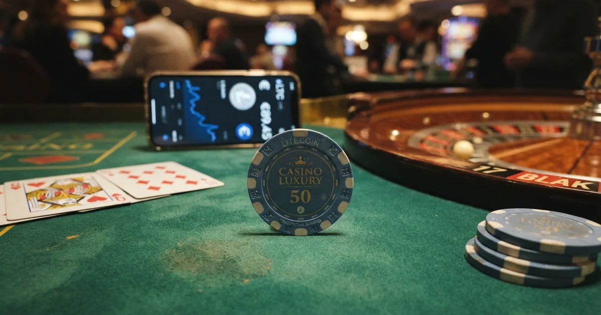 Eine digitale Collage: Litecoin-Münze auf einem Casino-Tisch mit Spielkarten und Roulette-Kessel, im Hintergrund eine Wallet-Oberfläche auf einem Bildschirm