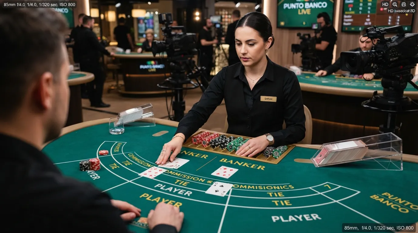 Eine Croupière in eleganter Casino-Uniform teilt an einem Live-Streaming-Tisch Karten aus, mehrere Kameras zeigen Tisch und Wettfelder