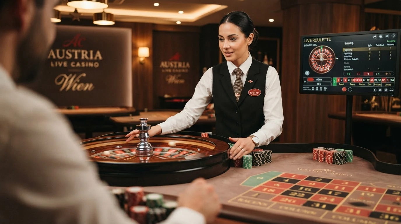 Nahaufnahme eines Croupiers am Live-Roulette-Tisch, die Kugel im Kessel, das Wettfeld auf einem Bildschirm im Bild