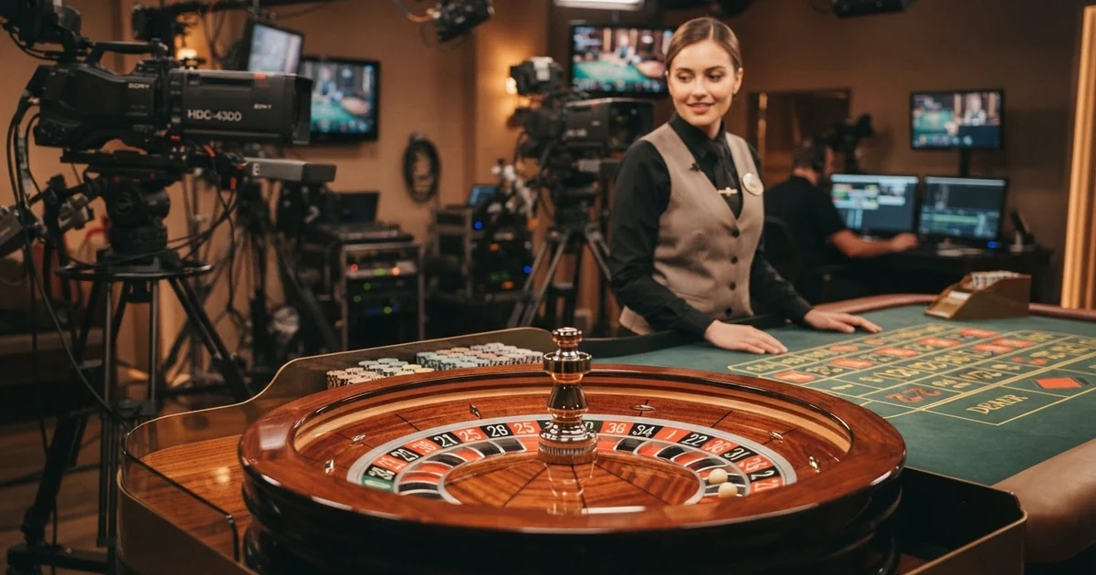 Ein Live-Croupier an einem Roulette-Tisch in einem Casino-Studio, umgeben von Kameras und Monitoren, mit dem Kessel im Vordergrund