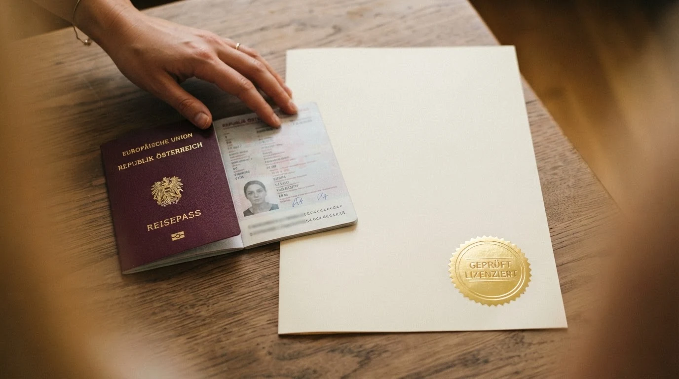Ein österreichischer Reisepass liegt neben einem MGA-Lizenz-Zertifikat — zwischen beiden klafft ein sichtbarer Spalt