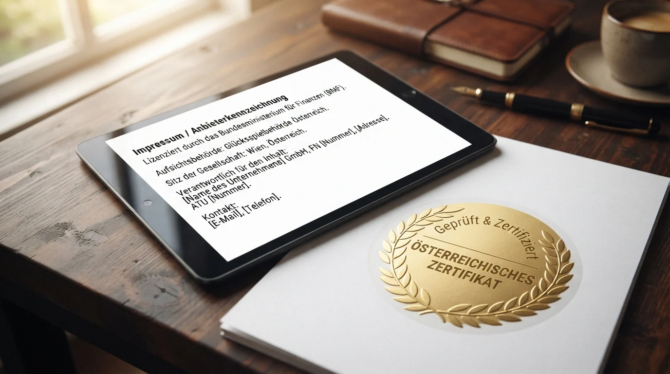 Nahaufnahme eines Tablet-Bildschirms mit geöffnetem Impressum einer Casino-Website, daneben ein Siegel-Symbol
