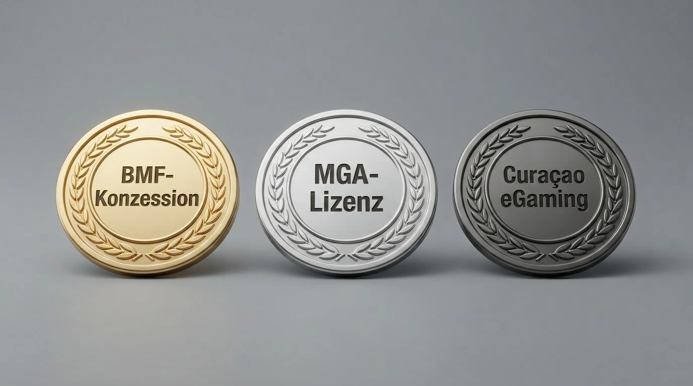Drei nebeneinander angeordnete Lizenz-Dokumente: BMF-Konzession Österreich, MGA-Lizenz Malta und Curaçao-eGaming-Lizenz – mit farblicher Markierung ihres rechtlichen Status für AT