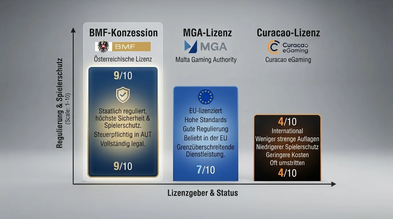 Schaubild mit den drei relevanten Lizenztypen — BMF-Konzession, MGA-Lizenz, Curacao-Lizenz — und ihren jeweiligen Spielerschutz-Niveaus