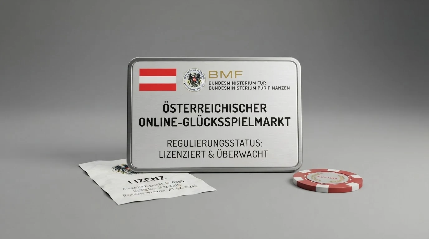Eine Übersichtsgrafik mit zehn Casino-Kacheln, eine davon mit AT-Flagge und BMF-Siegel hervorgehoben, die übrigen neun mit MGA- oder EU-Flaggen und dem Hinweis „Keine AT-Konzession“