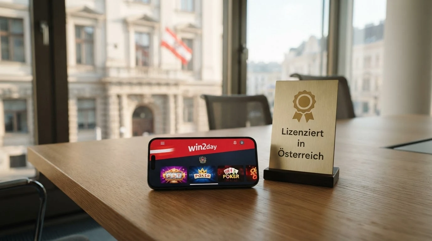 Offizielles Gebäude des Bundesministeriums für Finanzen in Wien neben einem Smartphone mit einer Casino-App und einem EU-Sternenkranz