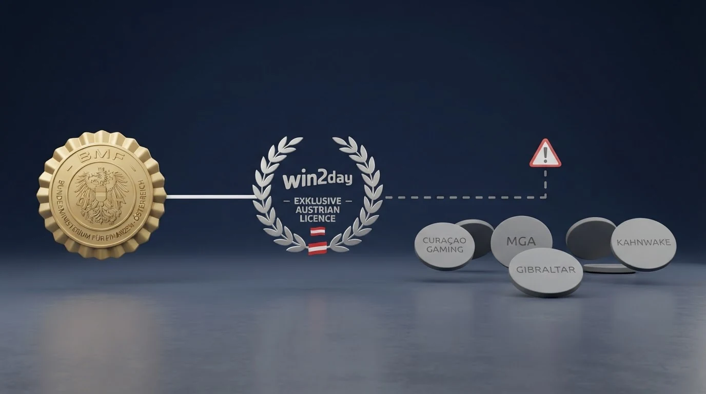 Schaubild: Österreich-Karte mit dem BMF-Logo links und dem win2day-Logo als einzigem Verbindungspunkt, rechts davon eine Wolke aus MGA- und Curacao-Logos mit einer gestrichelten Linie und Warnsymbol