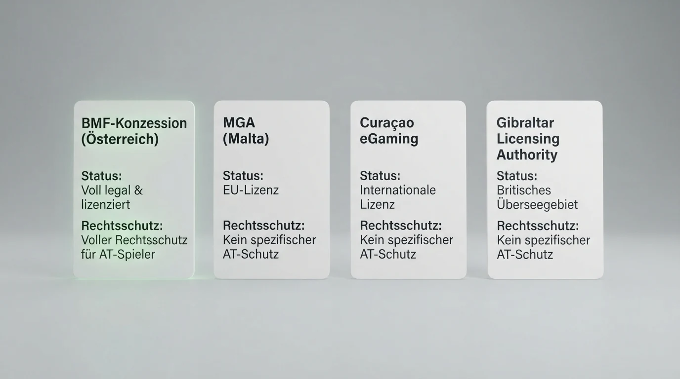 Eine Übersichtstabelle vergleicht die vier relevanten Lizenztypen — BMF-Konzession (Österreich), MGA (Malta), Curaçao und Gibraltar — mit farblicher Markierung, welche Lizenz österreichischen Spielern Rechtsschutz bietet