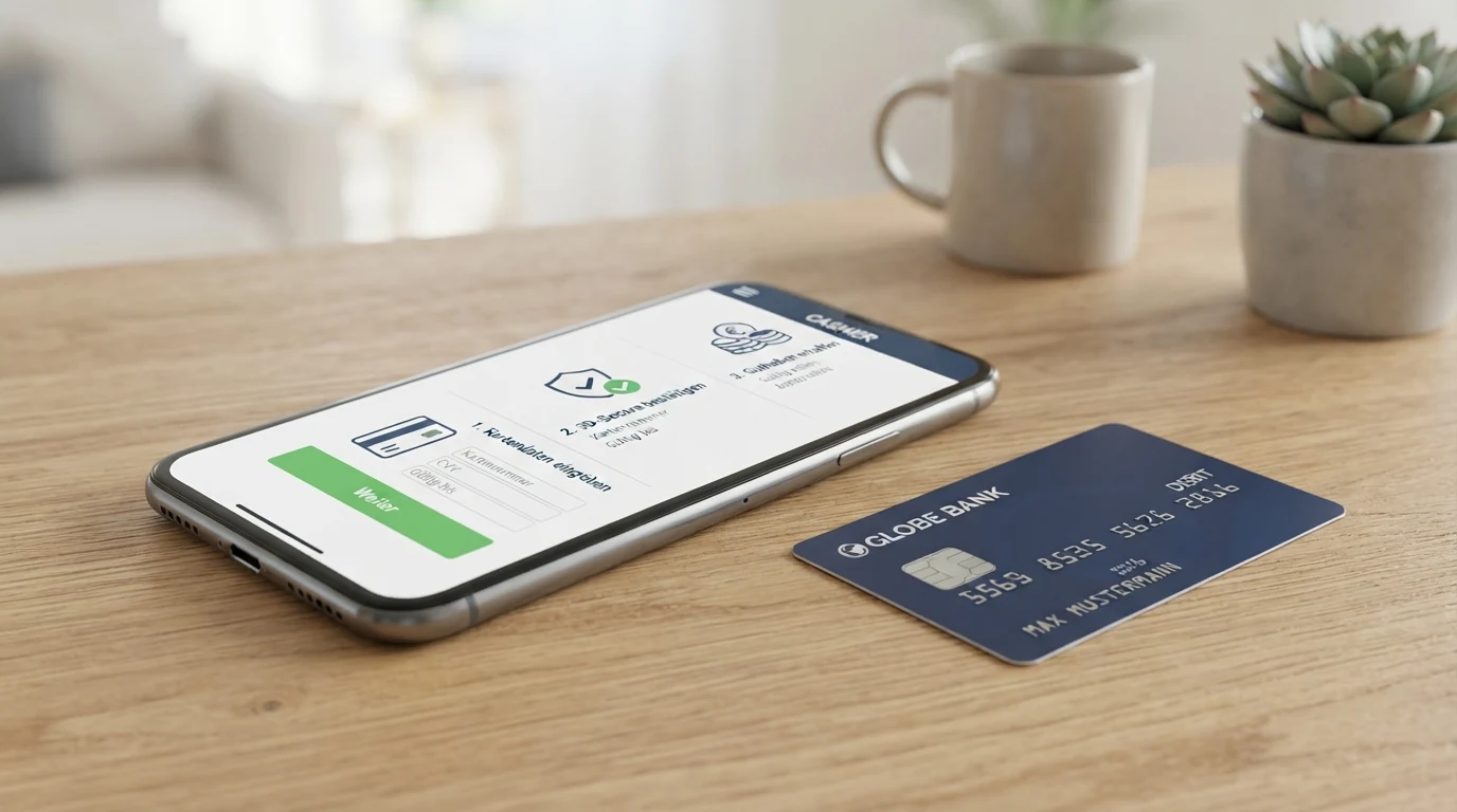Eine schematische Darstellung des Einzahlungsprozesses: Karteneingabe, 3D-Secure-Bestätigung auf dem Handy, Spielguthaben-Anzeige