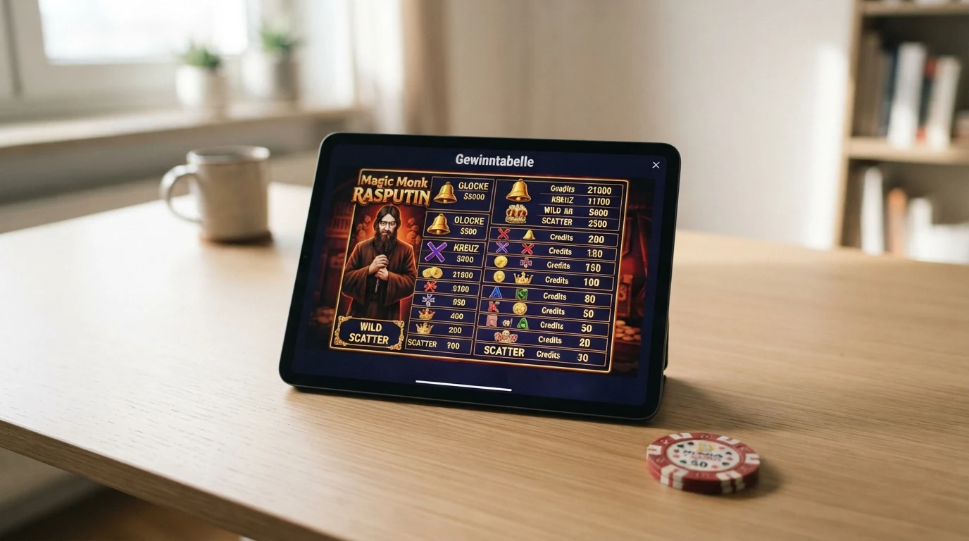 Die Gewinntabelle und die fünf Walzen des Merkur-Slots Magic Monk Rasputin mit seinem markanten Mönch-Symbol und den farbigen Edelsteinen