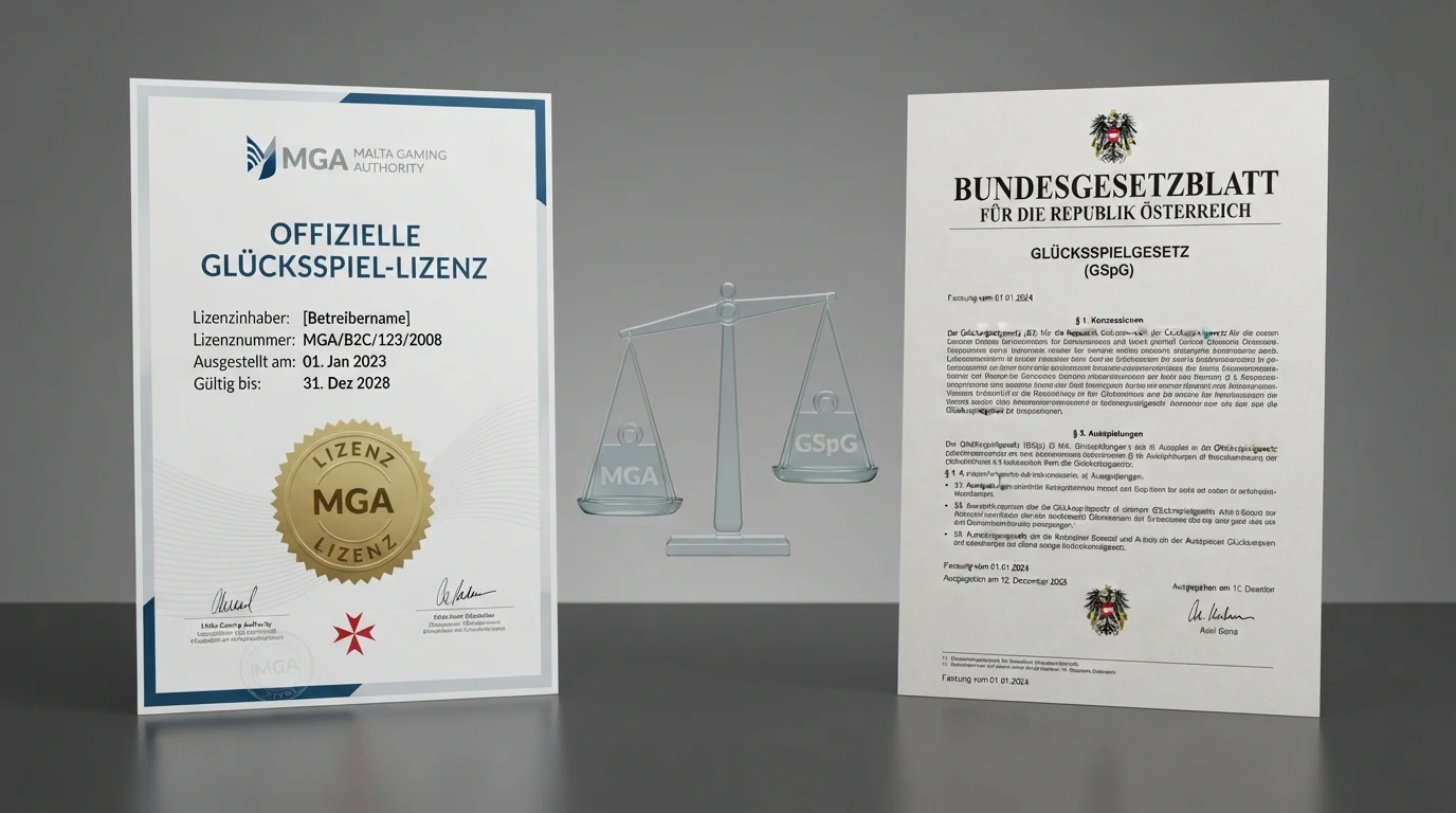 Gegenüberstellung: MGA-Lizenzdokument neben dem österreichischen Glücksspielgesetz mit win2day-Logo