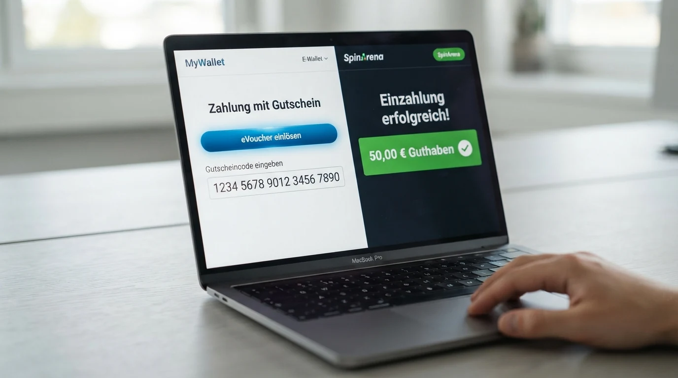 Nahaufnahme eines Laptop-Bildschirms: links die MiFinity-Zahlungsmaske mit eVoucher-Feld, rechts das Casino-Guthaben mit bestätigter Einzahlung